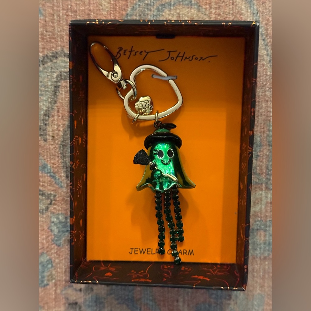 Betsey Johnson Green Ghost Wearing Black Witch Hat Keychain/Bag Charm